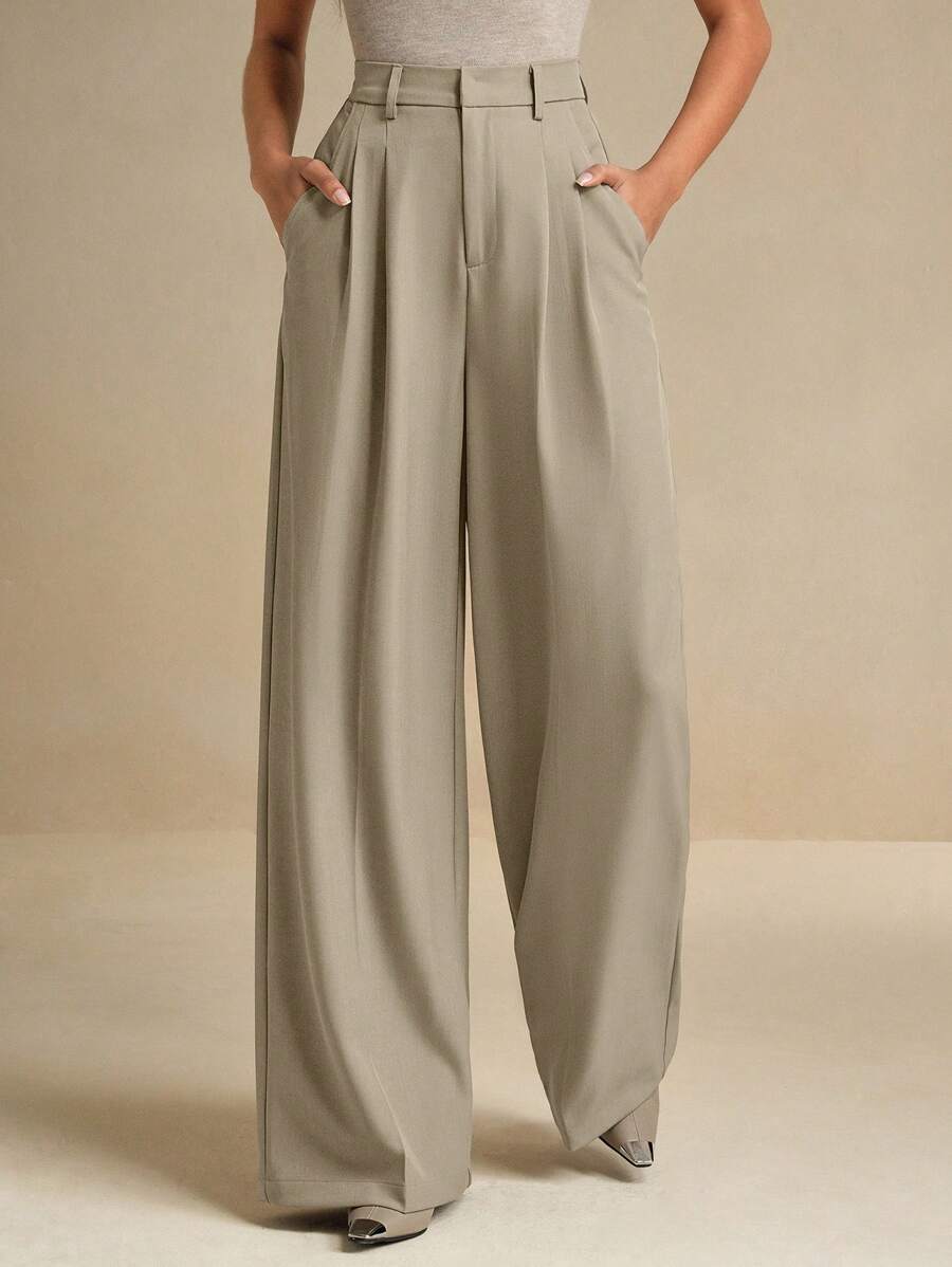 Women's Pleated Wide Leg Dress Trousers, Stretch Tailored Pants for Work Office - Mustard Yellow