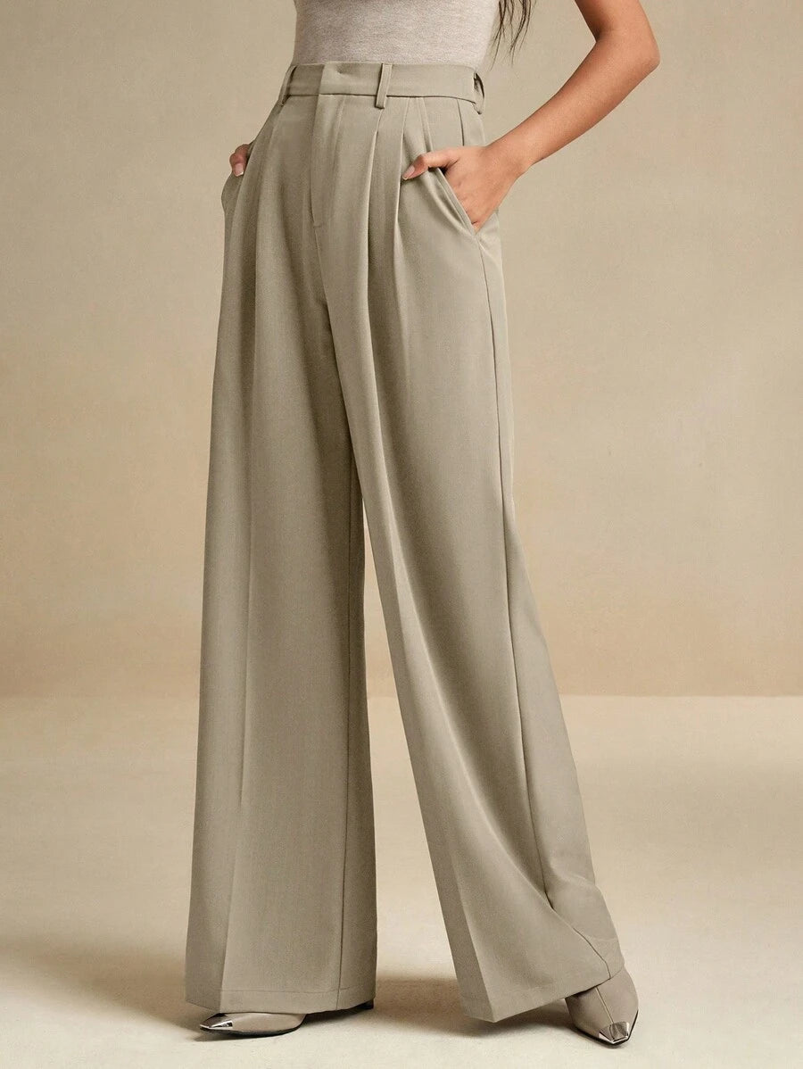 Women's Pleated Wide Leg Dress Trousers, Stretch Tailored Pants for Work Office - Khaki