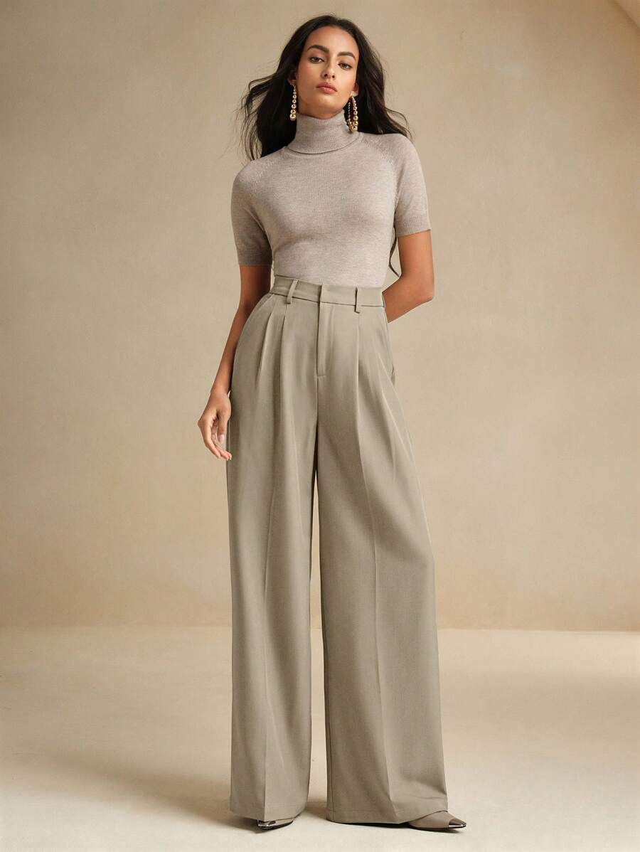 Women's Pleated Wide Leg Dress Trousers, Stretch Tailored Pants for Work Office - Rust Brown