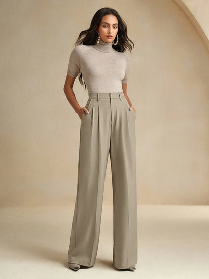 Women's Pleated Wide Leg Dress Trousers, Stretch Tailored Pants for Work Office - Olive Green