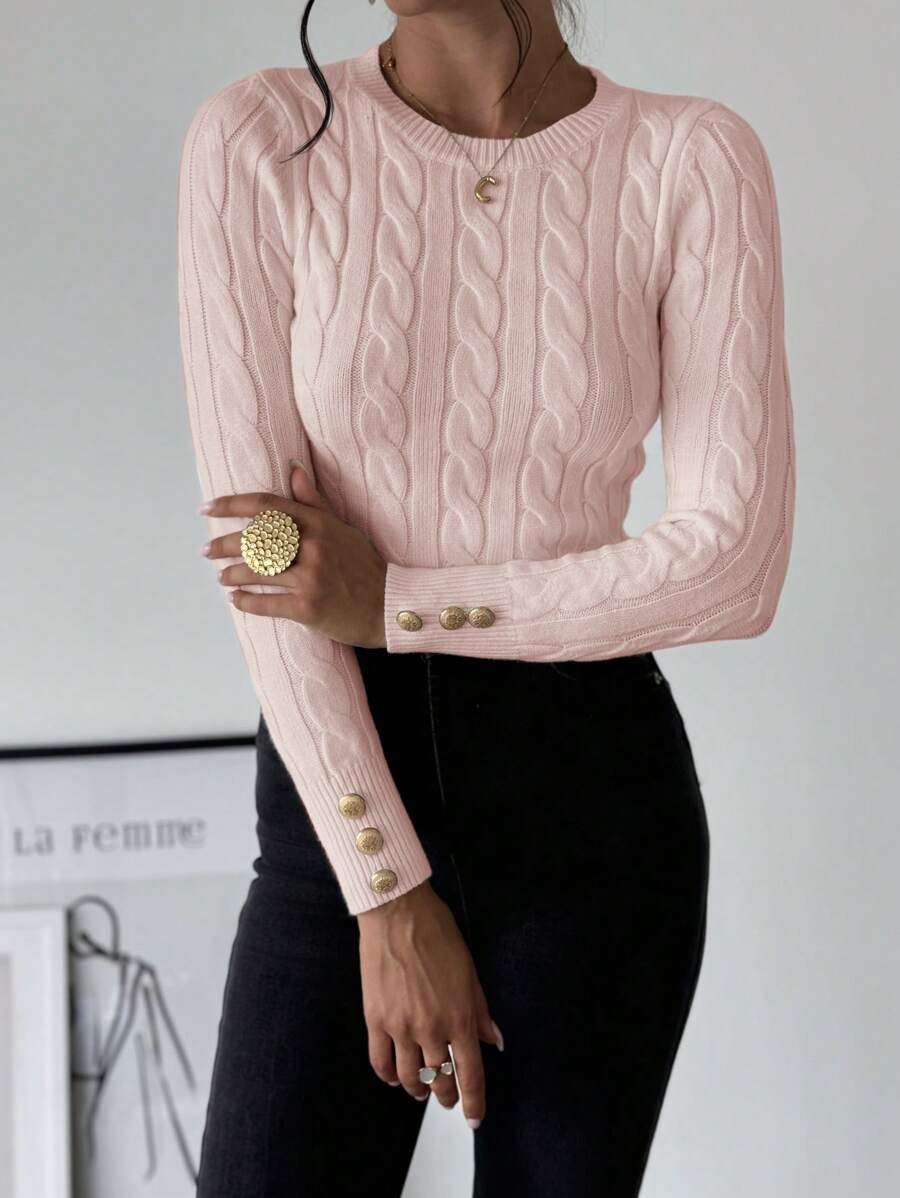 Nerissa Slim Cable Knit Sweater with Crew Neck and Button Detail - Pink