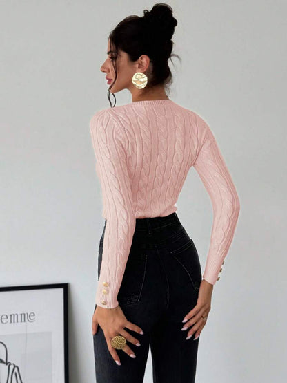 Nerissa Slim Cable Knit Sweater with Crew Neck and Button Detail - Pink