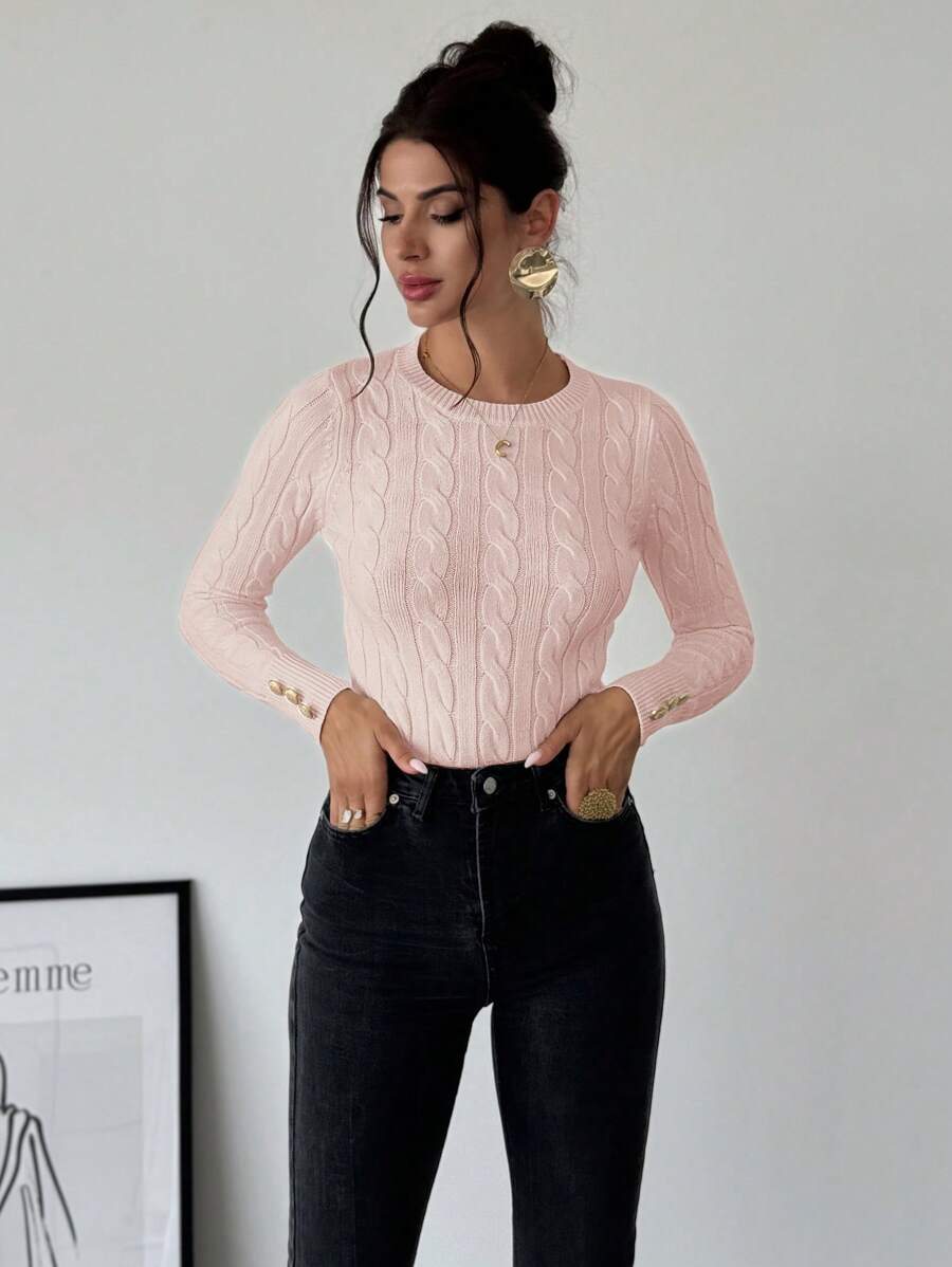 Nerissa Slim Cable Knit Sweater with Crew Neck and Button Detail - Pink