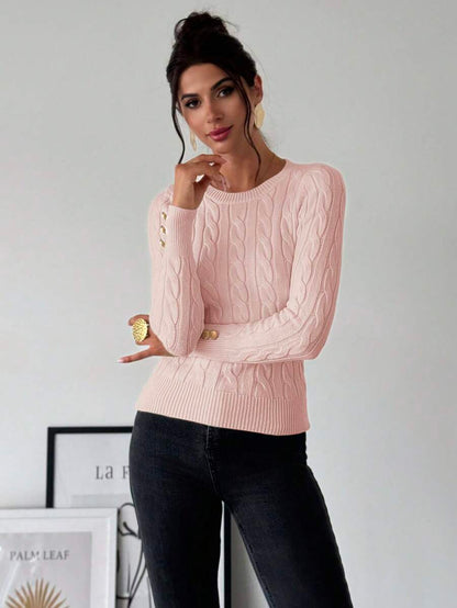 Nerissa Slim Cable Knit Sweater with Crew Neck and Button Detail - Pink