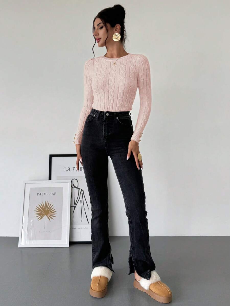 Nerissa Slim Cable Knit Sweater with Crew Neck and Button Detail - Pink