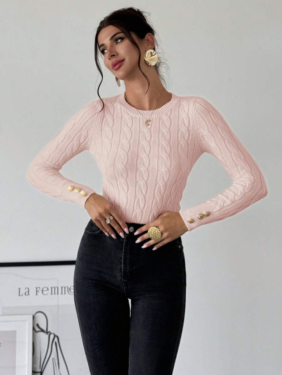 Nerissa Slim Cable Knit Sweater with Crew Neck and Button Detail - Pink