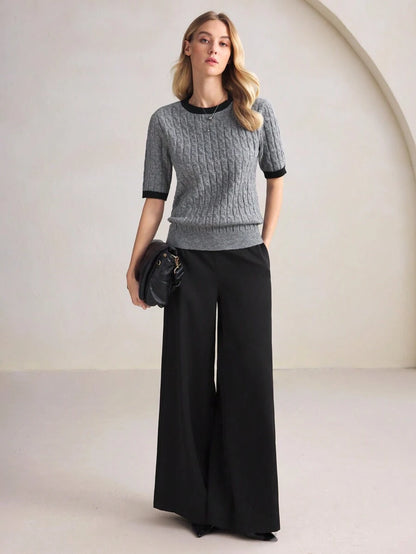Rosalind Round Neck Short Sleeve Cable Knit Top - Grey