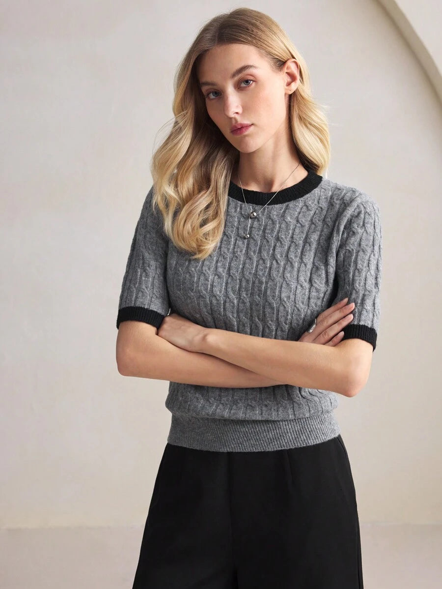 Rosalind Round Neck Short Sleeve Cable Knit Top - Grey
