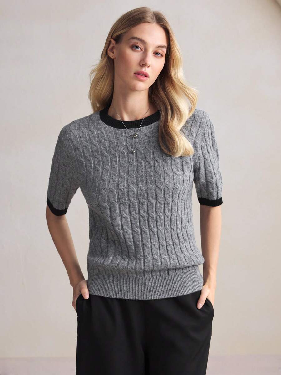 Rosalind Round Neck Short Sleeve Cable Knit Top - Grey