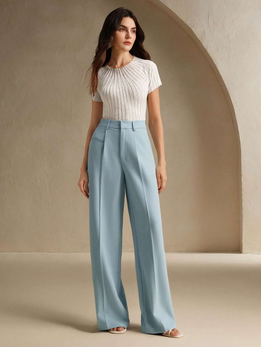 Women's Belted Straight Leg Suit Trousers, Stretch Dress Pants for Work Office - Grey
