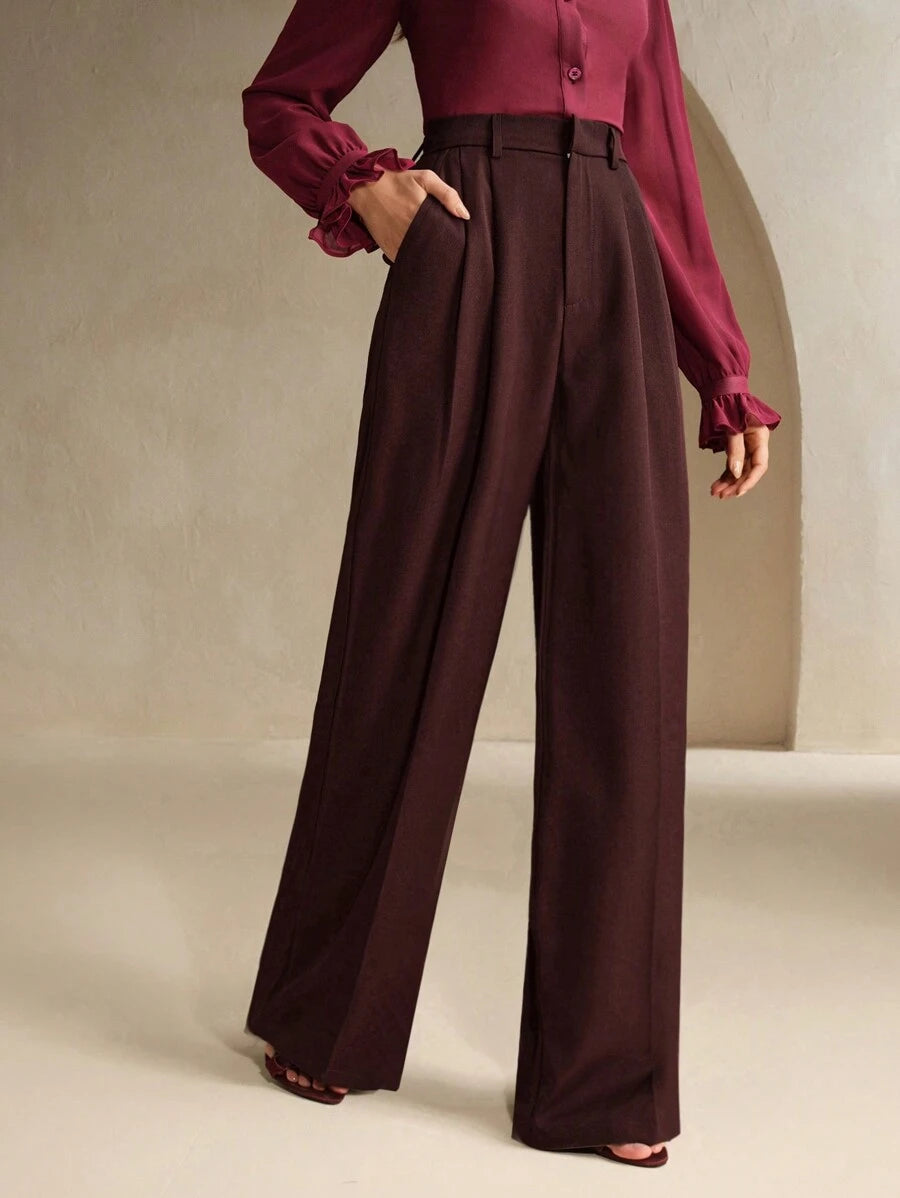 Women's Pleated Wide Leg Dress Trousers, Stretch Tailored Pants for Work Office - Apricot