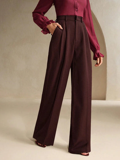 Women's Pleated Wide Leg Dress Trousers, Stretch Tailored Pants for Work Office - Apricot