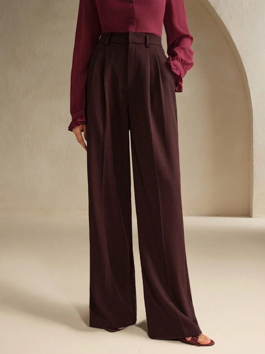 Women's Pleated Wide Leg Dress Trousers, Stretch Tailored Pants for Work Office - Khaki