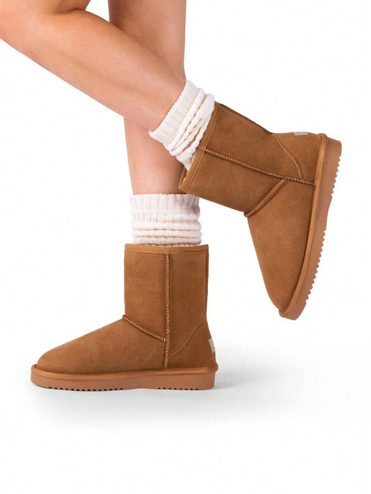 Women Snow Boots Winter Mid Calf Boots Furry Warm Comfortable Slip-On Outdoor Commute Genuine Suede Fashion Boots Slip-On Snow Boots Shoes Mensa
