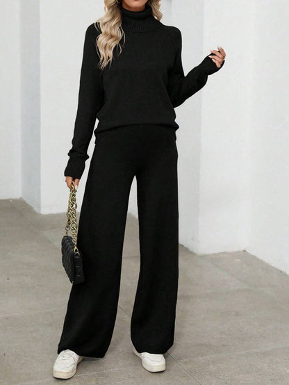 Bled Turtleneck Sweater and Wide Leg Pants Knit Set - Black