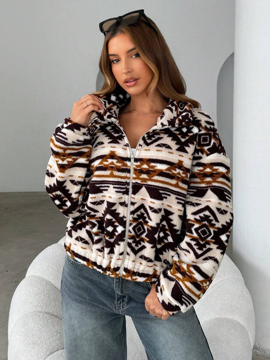 Moab Geometric Pattern Fleece Zip Up Teddy Jacket
