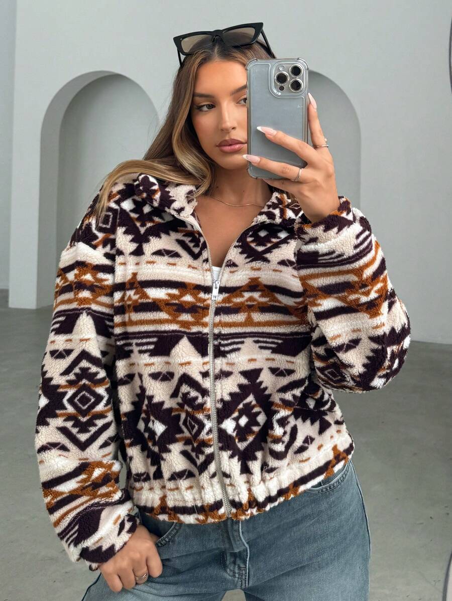 Moab Geometric Pattern Fleece Zip Up Teddy Jacket