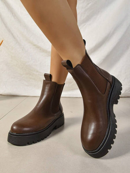 Women's Thick Sole Thermal Lined Boots, Fashionable & Versatile Black Patent Faux Leather Chelsea Ankle Boots, Black Utility Boots For Spring, Autumn & Winter. Suitable For Daily Wear, Parties, Weddings, Paired With Jeans, Dresses, Skirts, Leather, Sweate Mensa