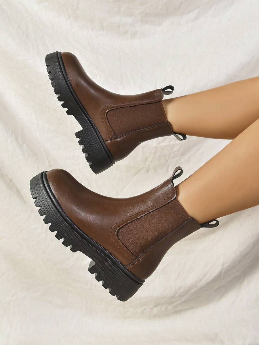 Women's Thick Sole Thermal Lined Boots, Fashionable & Versatile Black Patent Faux Leather Chelsea Ankle Boots, Black Utility Boots For Spring, Autumn & Winter. Suitable For Daily Wear, Parties, Weddings, Paired With Jeans, Dresses, Skirts, Leather, Sweate Mensa