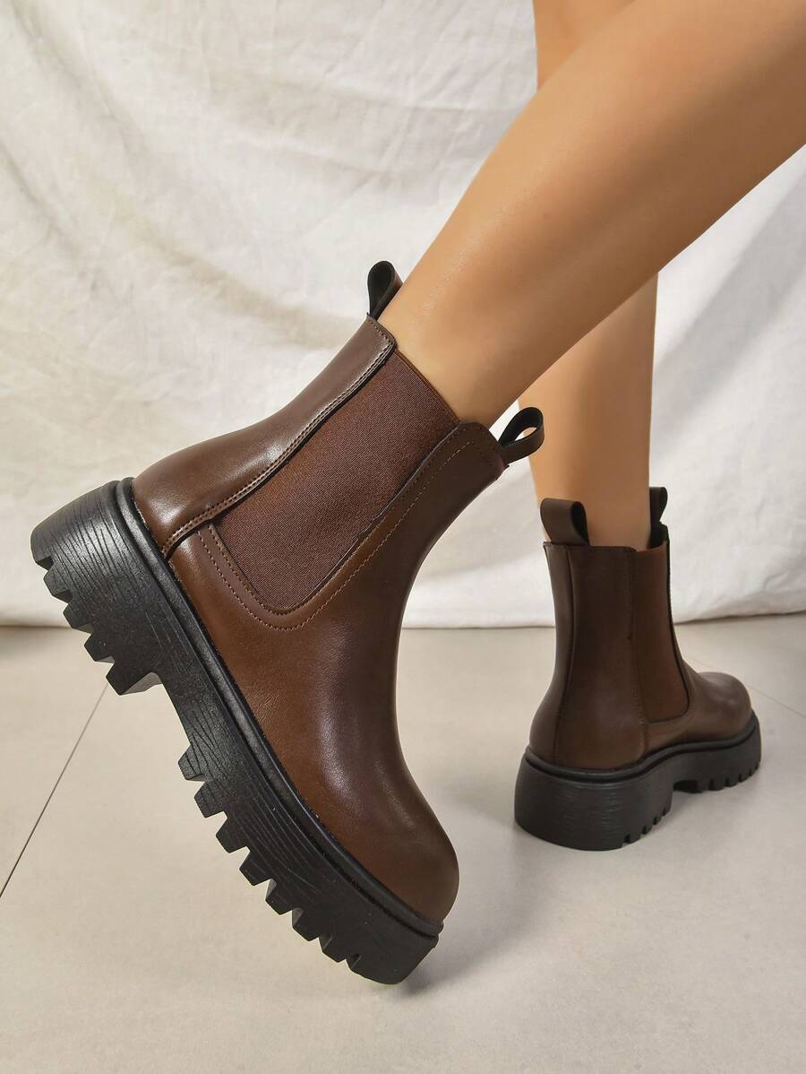 Women's Thick Sole Thermal Lined Boots, Fashionable & Versatile Black Patent Faux Leather Chelsea Ankle Boots, Black Utility Boots For Spring, Autumn & Winter. Suitable For Daily Wear, Parties, Weddings, Paired With Jeans, Dresses, Skirts, Leather, Sweate Mensa