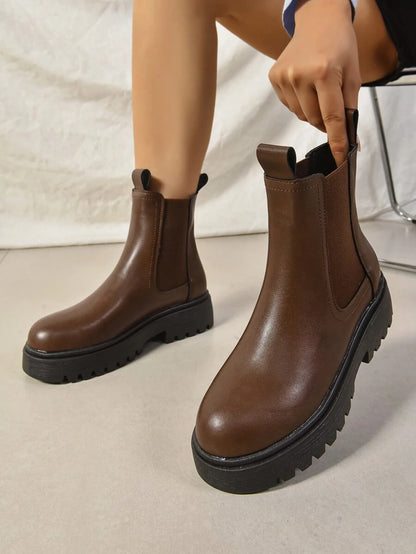 Women's Thick Sole Thermal Lined Boots, Fashionable & Versatile Black Patent Faux Leather Chelsea Ankle Boots, Black Utility Boots For Spring, Autumn & Winter. Suitable For Daily Wear, Parties, Weddings, Paired With Jeans, Dresses, Skirts, Leather, Sweate Mensa