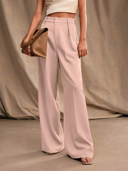 Tatiana Pleated High Waist Wide Leg Trousers with Pockets - Grey