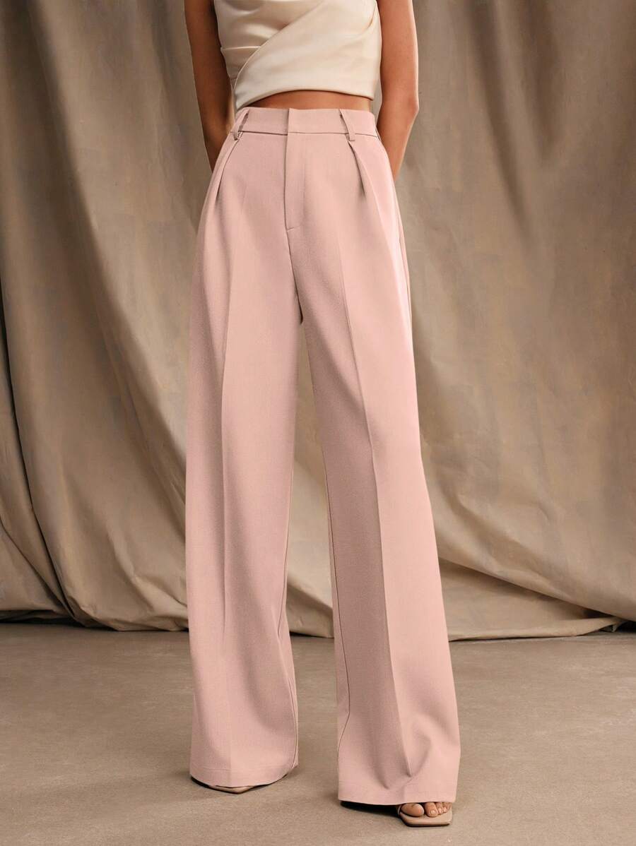 Tatiana Pleated High Waist Wide Leg Trousers with Pockets - Khaki