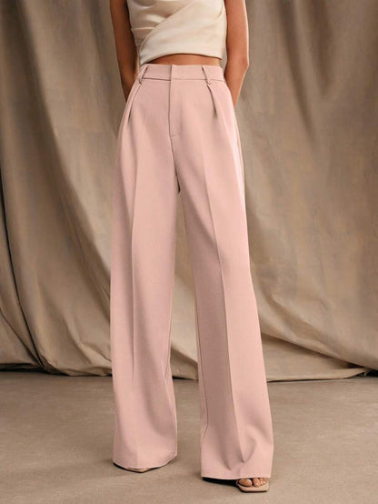 Tatiana Pleated High Waist Wide Leg Trousers with Pockets - Khaki