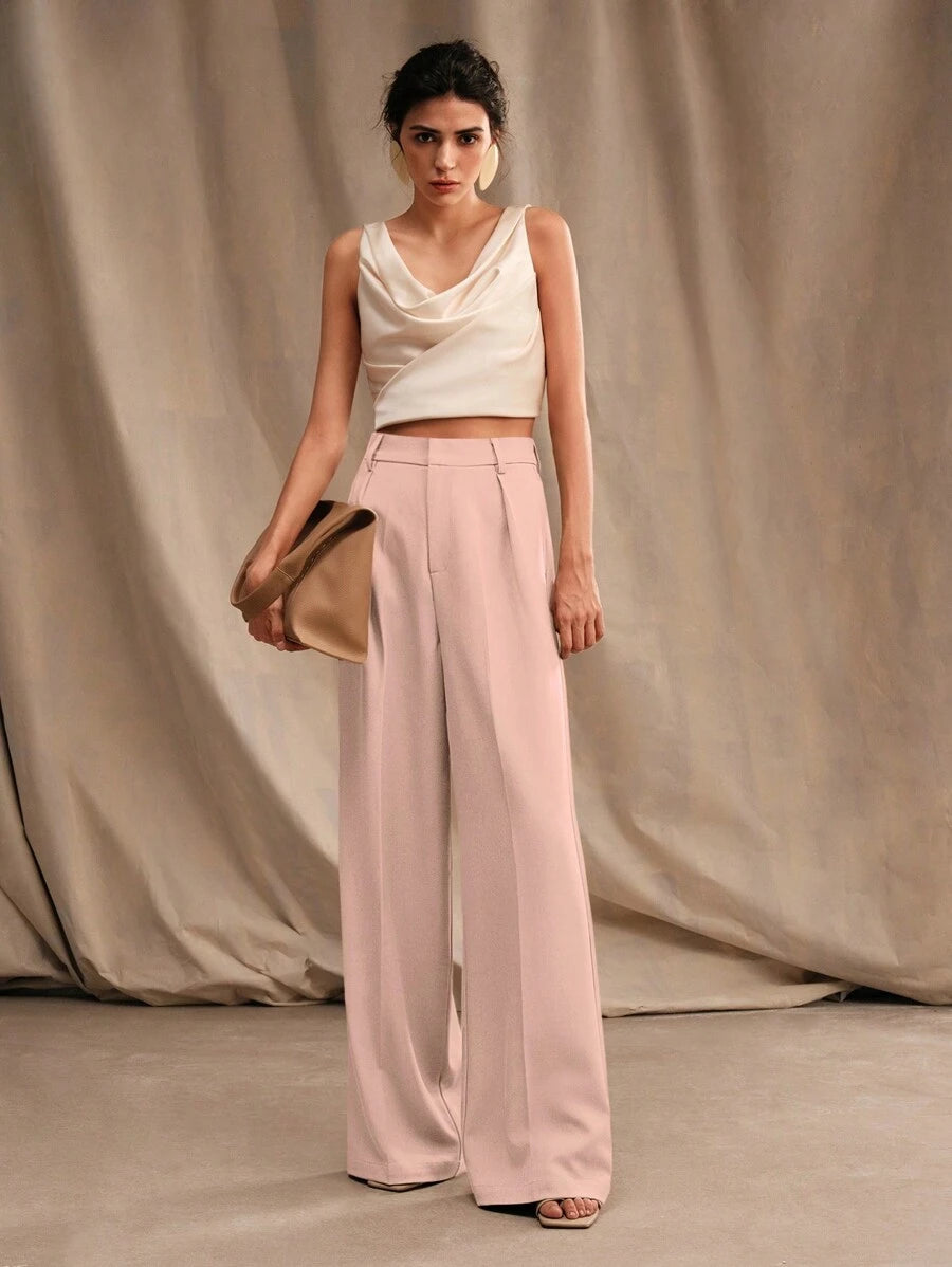 Tatiana Pleated High Waist Wide Leg Trousers with Pockets - Orange