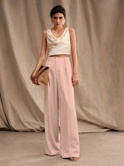 Tatiana Pleated High Waist Wide Leg Trousers with Pockets - Orange