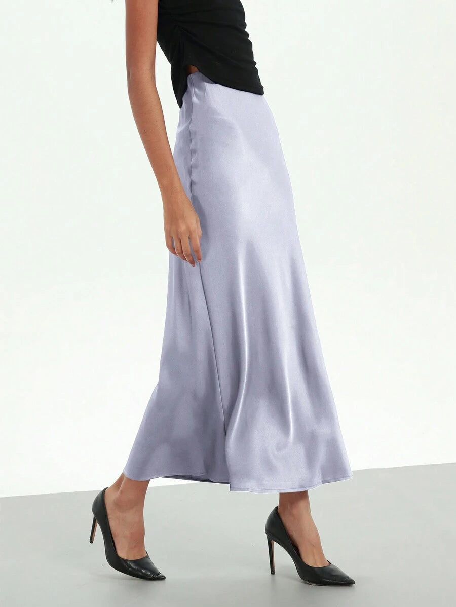 Rosabel Silky Satin Elastic Waist Maxi Slip Skirt - Lavender