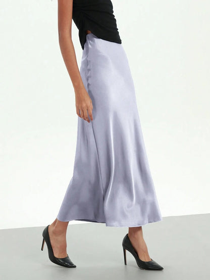 Rosabel Silky Satin Elastic Waist Maxi Slip Skirt - Lavender