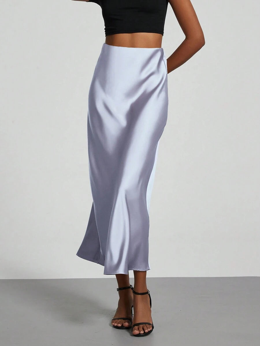 Rosabel Silky Satin Elastic Waist Maxi Slip Skirt - Lavender