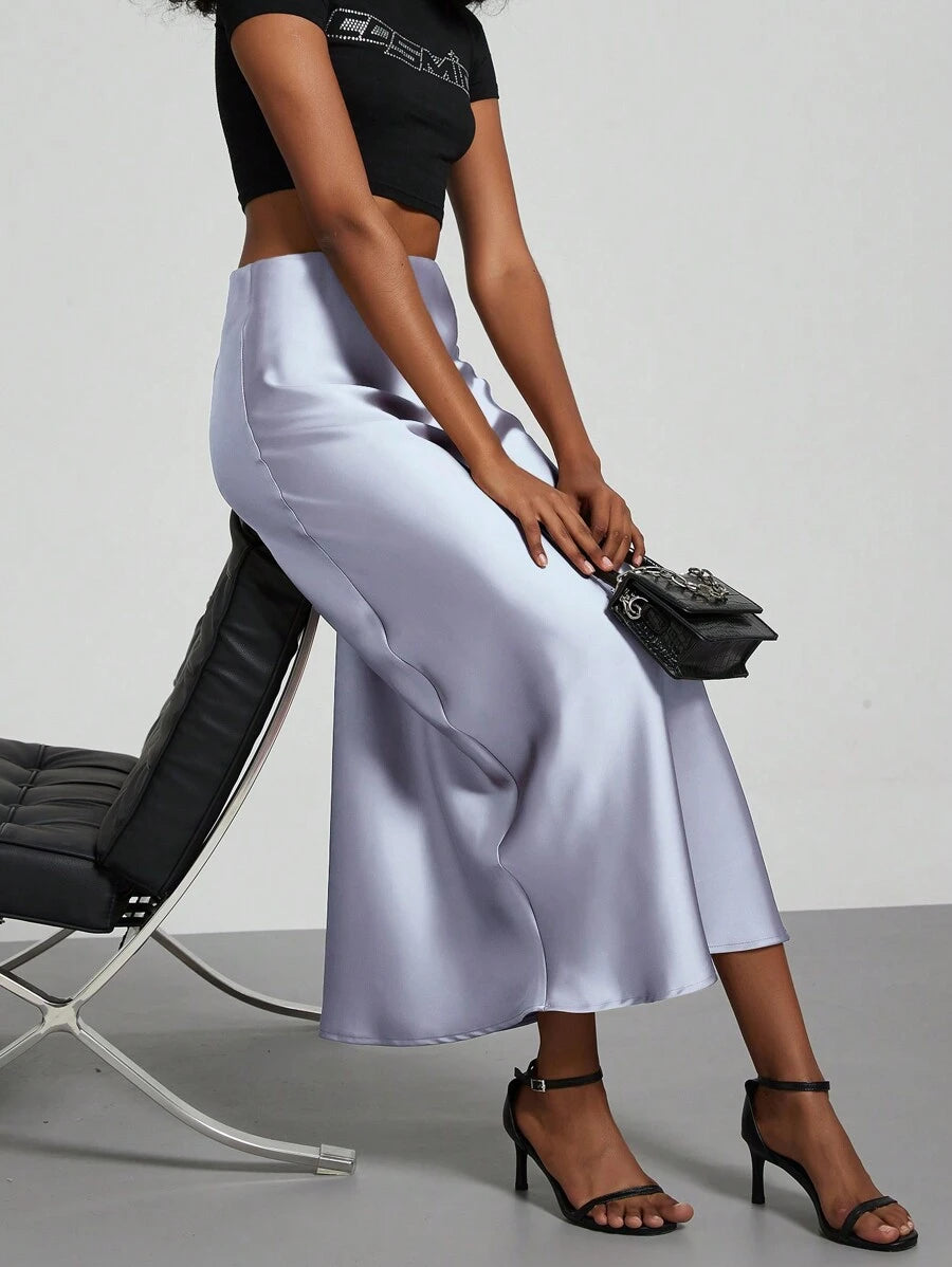 Rosabel Silky Satin Elastic Waist Maxi Slip Skirt - Lavender