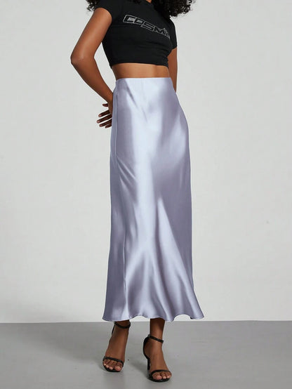 Rosabel Silky Satin Elastic Waist Maxi Slip Skirt - Lavender