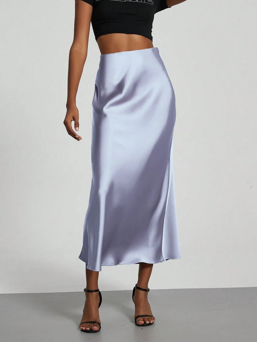 Rosabel Silky Satin Elastic Waist Maxi Slip Skirt - Lavender