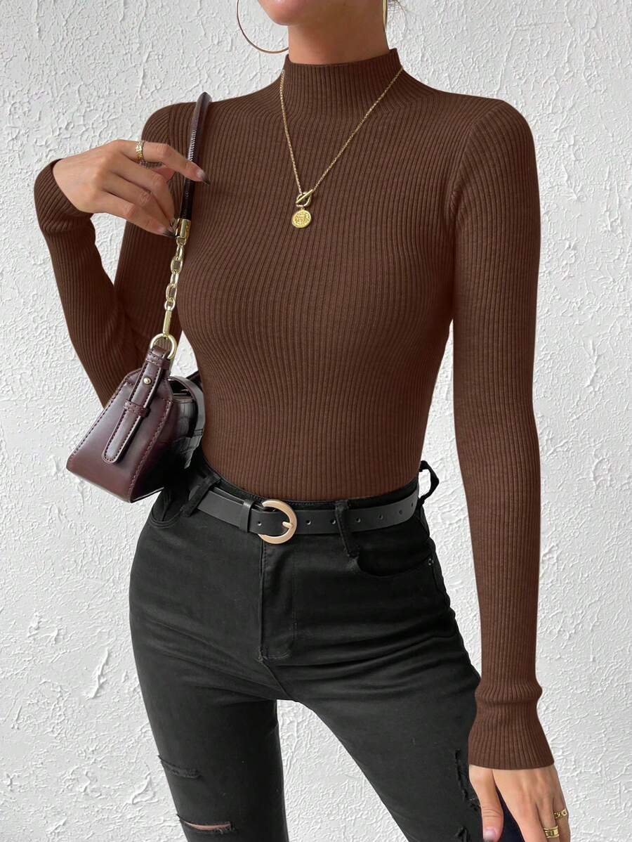 Verity Slim Ribbed Mock Neck Sweater Long Sleeve Pullover - Chocolate Brown