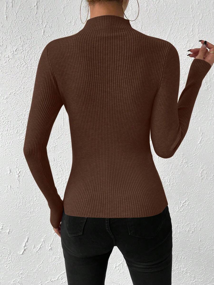 Verity Slim Ribbed Mock Neck Sweater Long Sleeve Pullover - Chocolate Brown