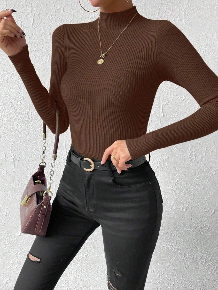 Verity Slim Ribbed Mock Neck Sweater Long Sleeve Pullover - Chocolate Brown