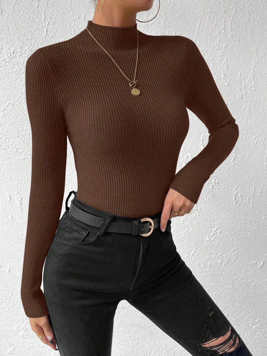 Verity Slim Ribbed Mock Neck Sweater Long Sleeve Pullover - Chocolate Brown
