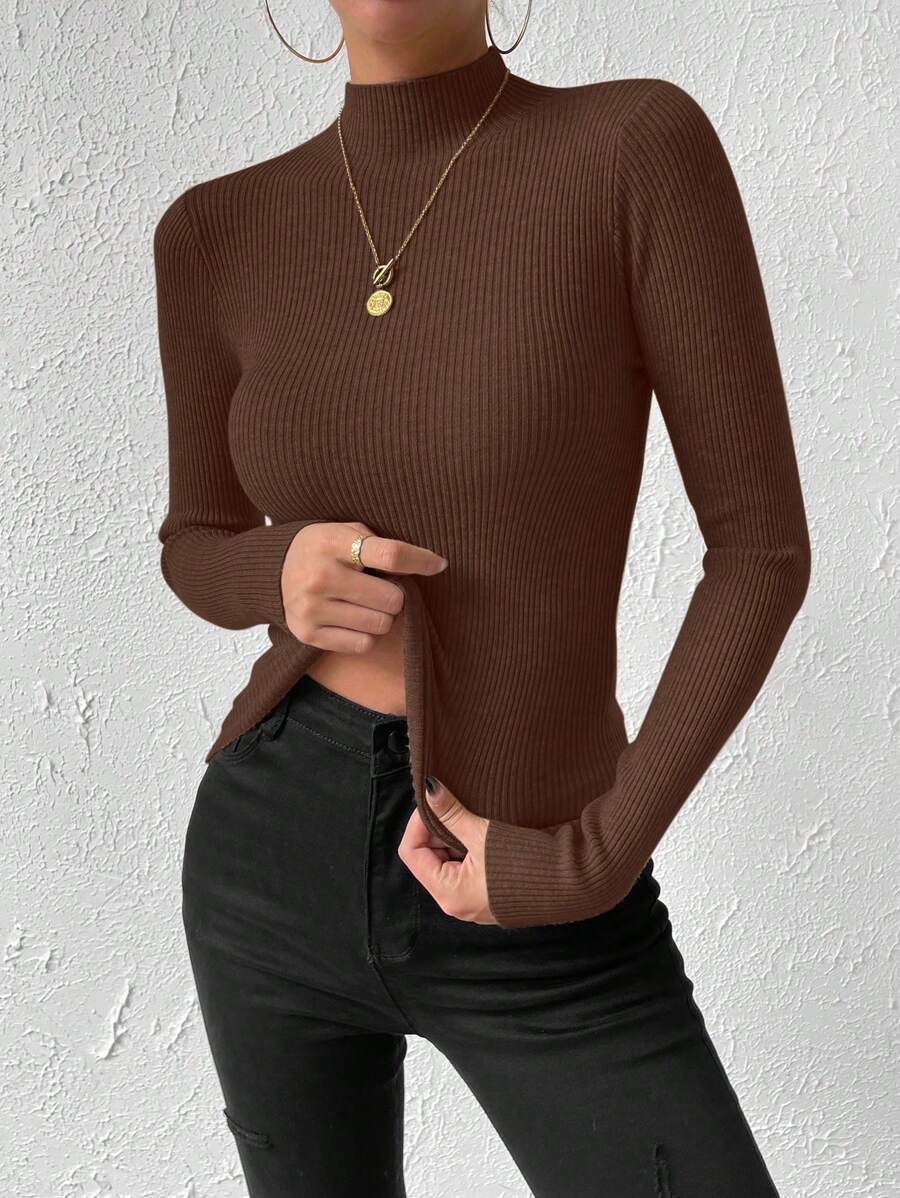 Verity Slim Ribbed Mock Neck Sweater Long Sleeve Pullover - Chocolate Brown