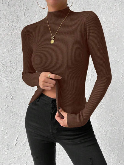 Verity Slim Ribbed Mock Neck Sweater Long Sleeve Pullover - Chocolate Brown