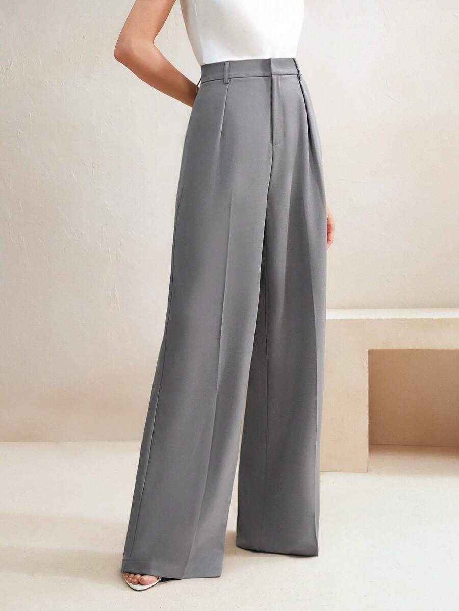 Tatiana Pleated High Waist Wide Leg Trousers with Pockets - Beige
