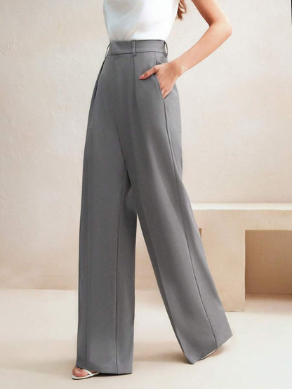 Tatiana Pleated High Waist Wide Leg Trousers with Pockets - Grey