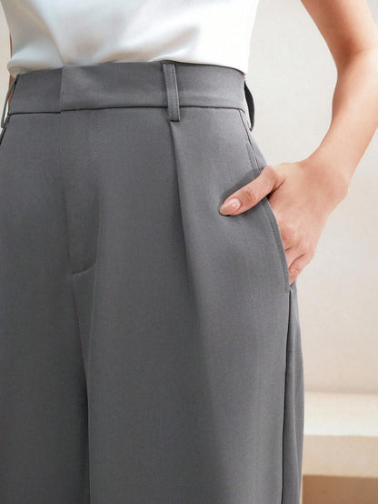 Tatiana Pleated High Waist Wide Leg Trousers with Pockets - Black