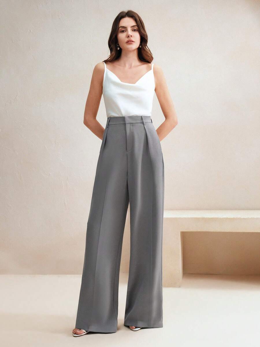 Tatiana Pleated High Waist Wide Leg Trousers with Pockets - Blue