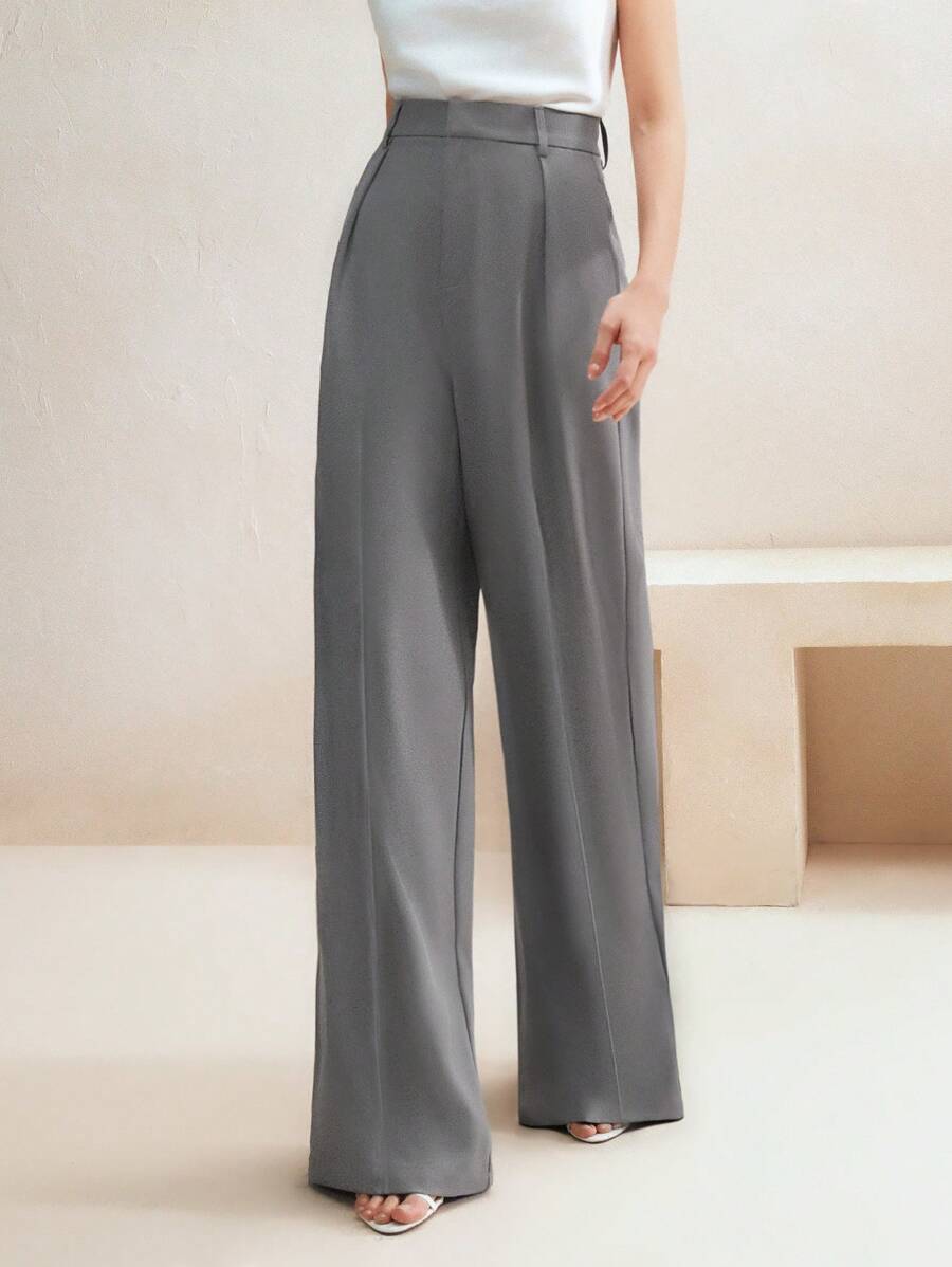 Tatiana Pleated High Waist Wide Leg Trousers with Pockets - Burgundy