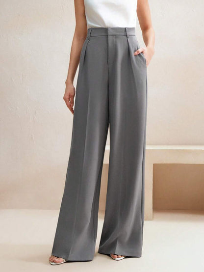 Tatiana Pleated High Waist Wide Leg Trousers with Pockets - Camel