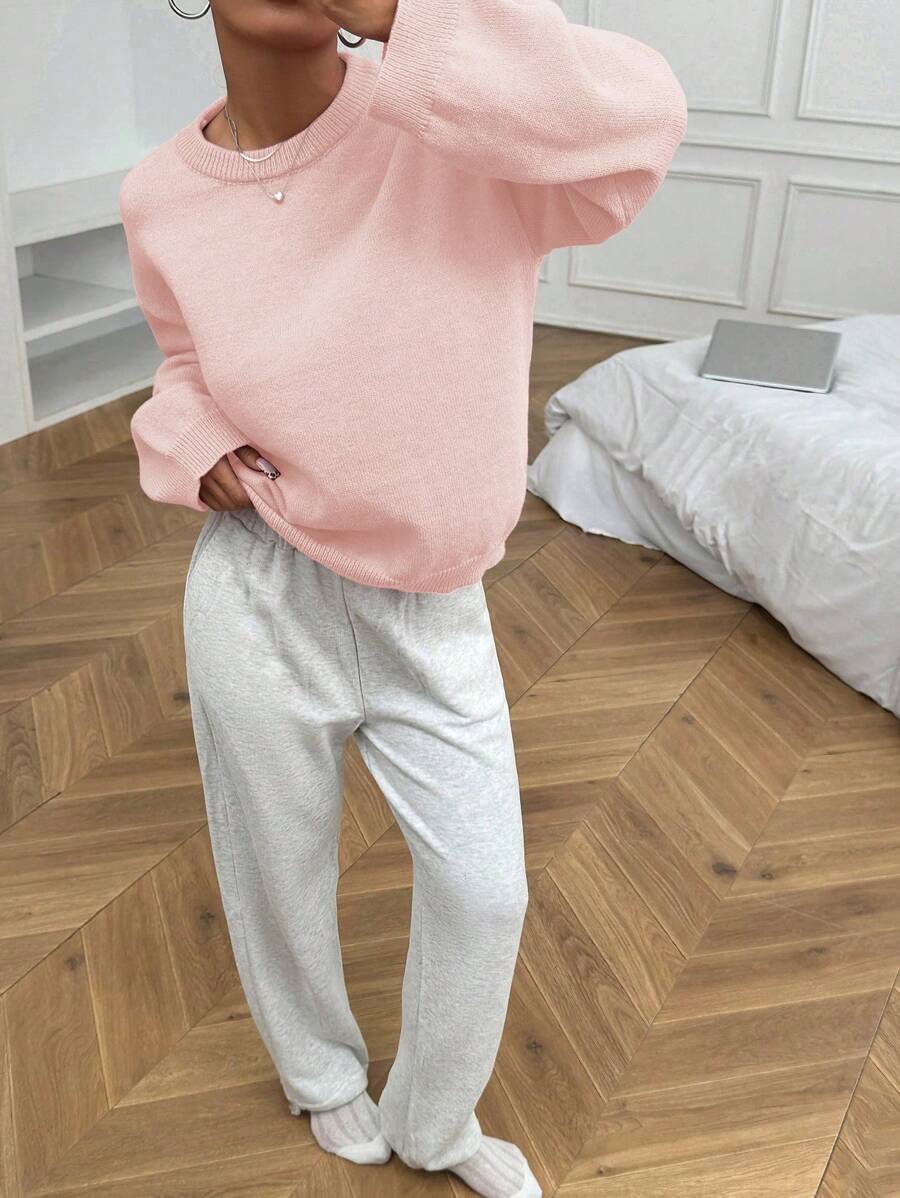 Women's Oversized Crew Neck Pullover Sweater, Relaxed Knit Sweater for Fall Winter - Dark Grey