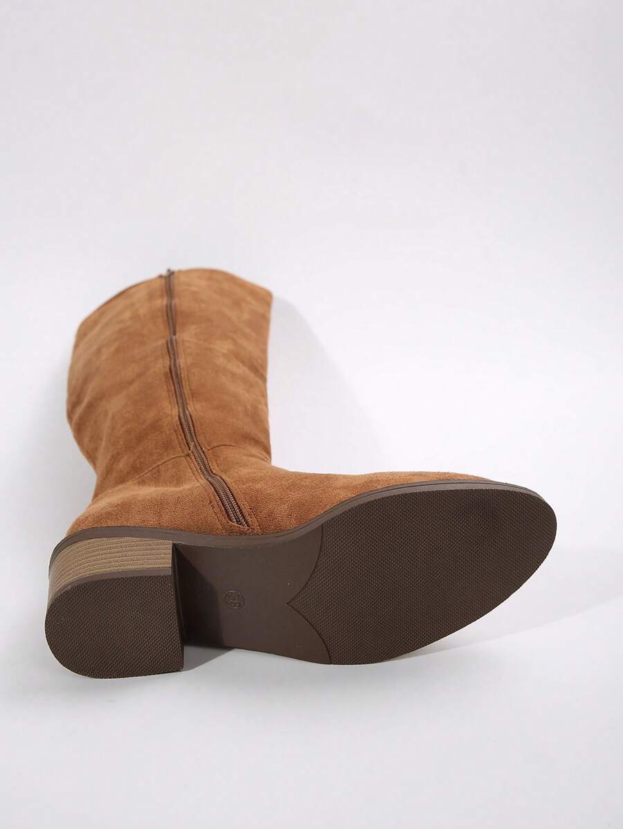 Fall/Winter Plus Size Women's Suede Brown Knee-High Boots With Side Zipper And Chunky Heel,Cowboy Boots Mensa